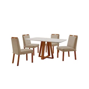 Conjunto Sala De Jantar Mesa Floripa 120x80cm Off White Com 4 Cadeiras Pérola Veludo Bege