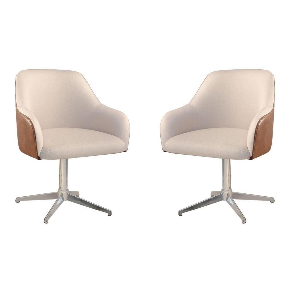 Conjunto Poltronas Decorativa Hera Linho Nude Couro Caramelo Com Base Giratória Em Alumínio