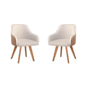 Conjunto Poltronas Decorativa Hera Linho Nude Couro Caramelo Com Pés Em Madeira