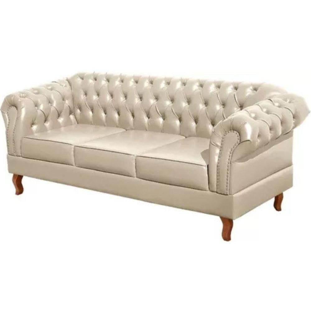 Sofá Chesterfield 3 Lugares Dom Pedro Vintage Retrô Capitonê Couro Bege