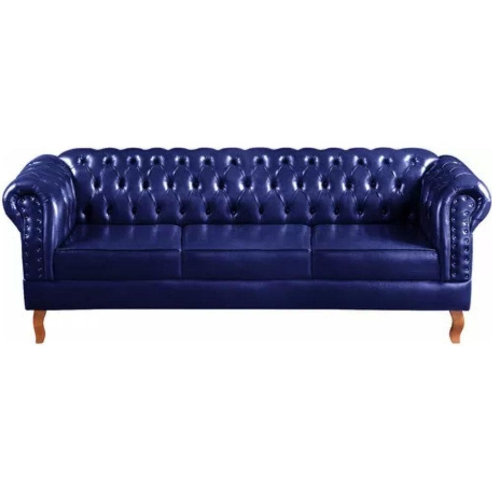 Sofá Chesterfield 3 Lugares Dom Pedro Vintage Retrô Capitonê Couro Azul