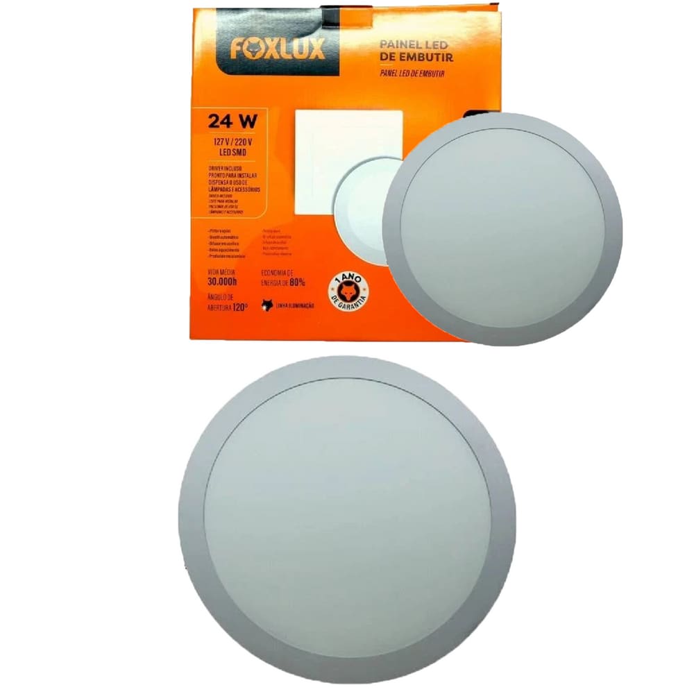 Kit 2 Painel Led Redondo Embutir 24W 3000K Bivolt Foxlux