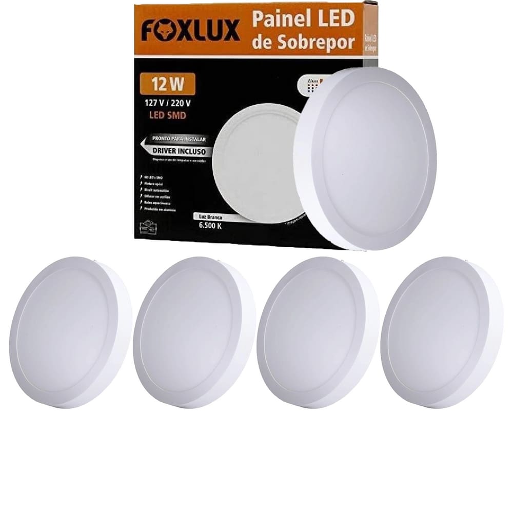 Kit 5 Painel Led Redondo Sobrepor 12W 6500K Bivolt Foxlux