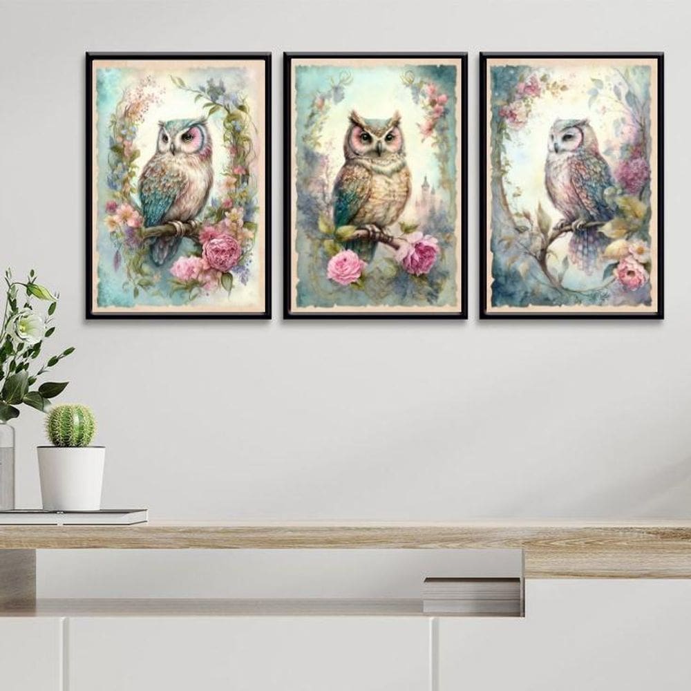 Kit 3 Quadros Decorativos Coruja Vintage 33X24Cm - Com Vidro