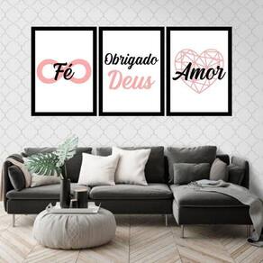 Kit 3 Quadros Fé, Obrigado Deus E Amor 33X24Cm Moldura Preta