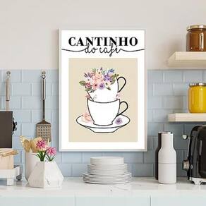 Quadro Cantinho Café Floral Moldura Branca Com Vidro 45X34Cm