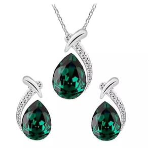 Conjunto Colar E Brincos Formato De Gota Cor Prata C/Verde