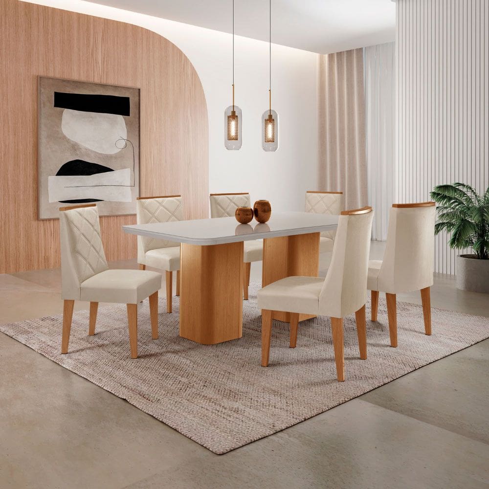 Mesa de Jantar Eloise 180cm Tampo MDF Com Vidro com 6 Cadeiras Isadora Moderna Mobília