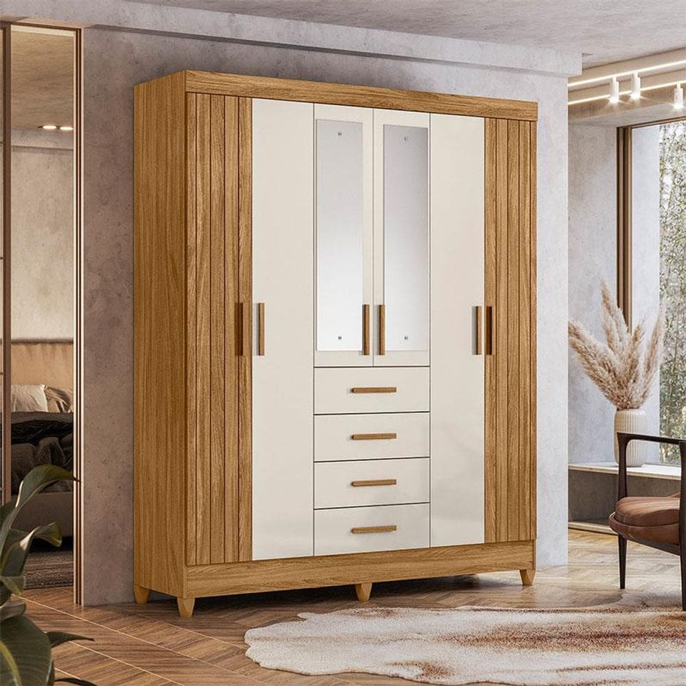 Guarda Roupa Solteiro Ambiente Aruba 6 Portas Freijó Off White com Espelho - Moval