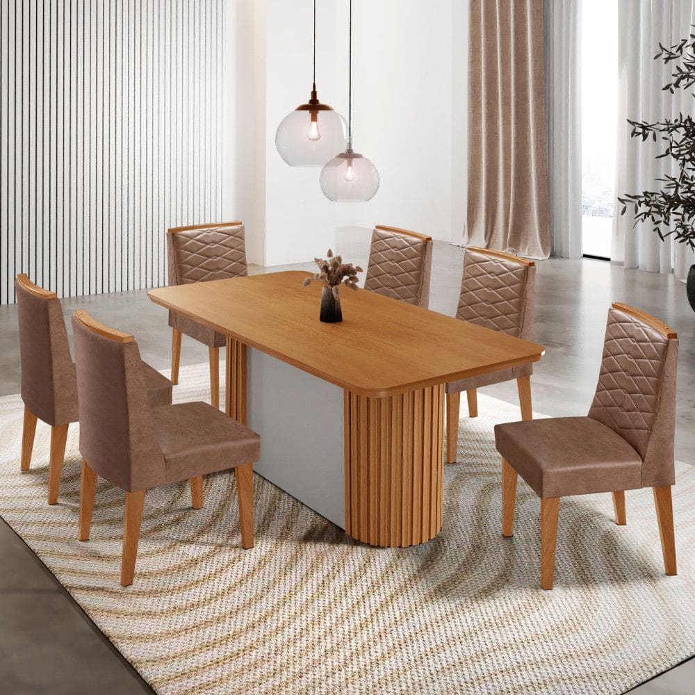 Mesa de Jantar Aspen 180cm Tampo MDF Laminado Canto Copo com 6 Cadeiras Eloise Moderna Mobília