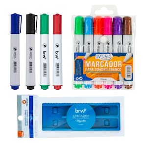 Kit 10 Marcador Para Quadro Branco Lousa + Apagador Magnético c/ Porta Caneta - BRW