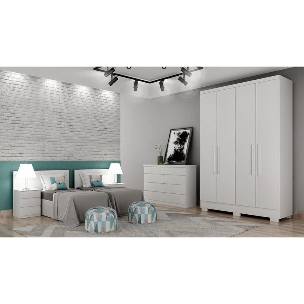 Guarda Roupa Solteiro com Pés 4 Portas 2 Gavetas - Milly-Branco - Móveis Novo Horizonte