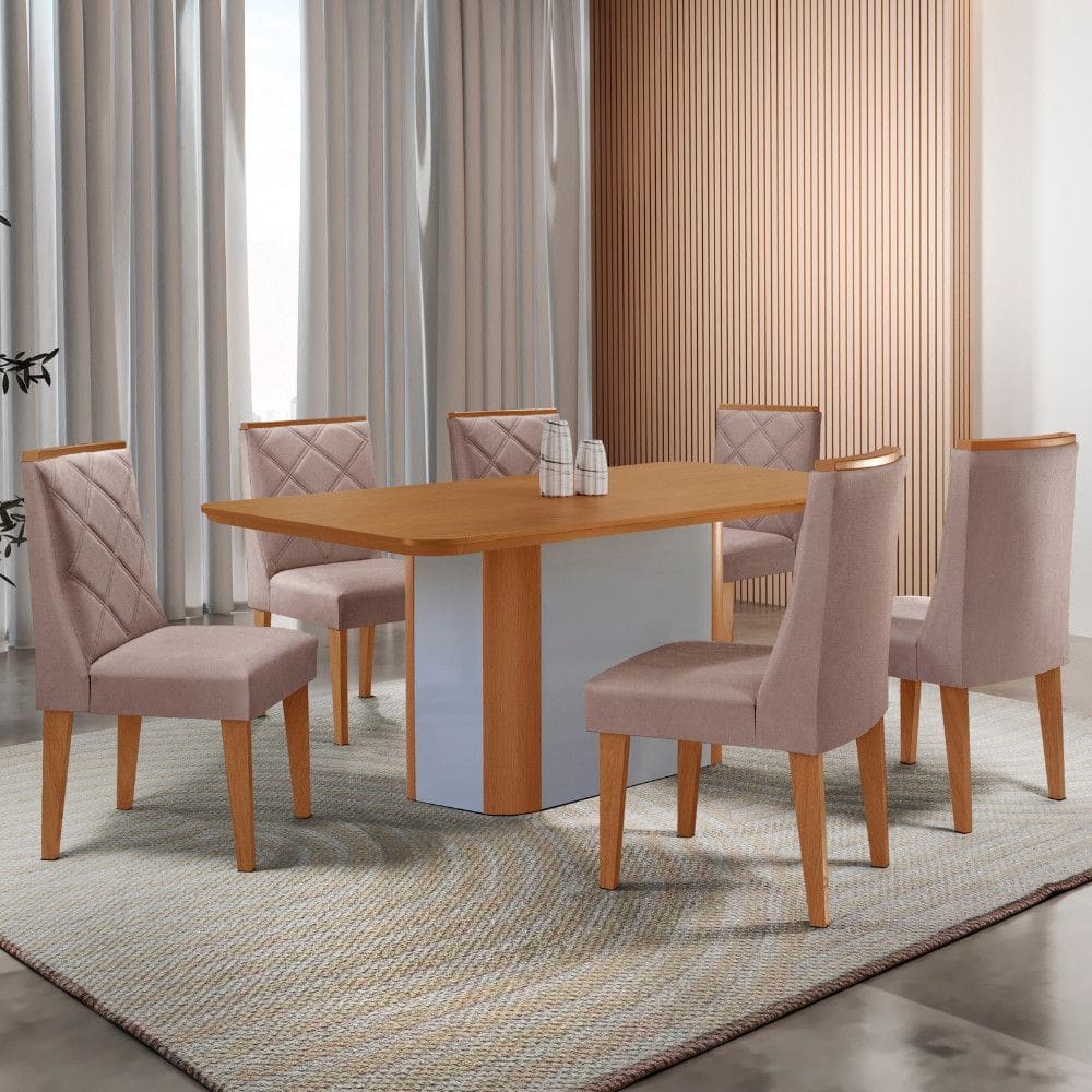 Mesa de Jantar Isadora 180cm Tampo MDF Laminado Canto Copo com 6 Cadeiras Isadora Moderna Mobília