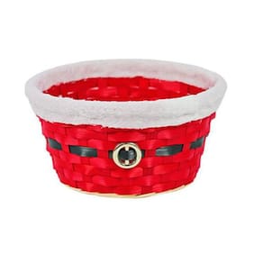 Cesta De Bambu Redonda Vermelho Cinto Preto E Borda Branca