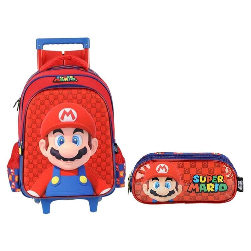 Kit Mochila com Rodinhas e Estojo Escolar Triplo Super Mario Azul - Maxlog