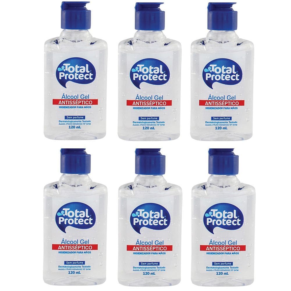 Kit com 6 Álcool em Gel 70° Antibactericida Total Protect 120ml Mata 99,9% das bactérias