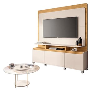 Estante Home Theater Quantum Off White Cinamomo e Mesa de Centro Sky com Tampo de Vidro Off White – HB Móveis