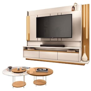 Estante Home Theater Montane Off White Cinamomo e Kit Mesa de Centro sky Cinamomo - HB Móveis