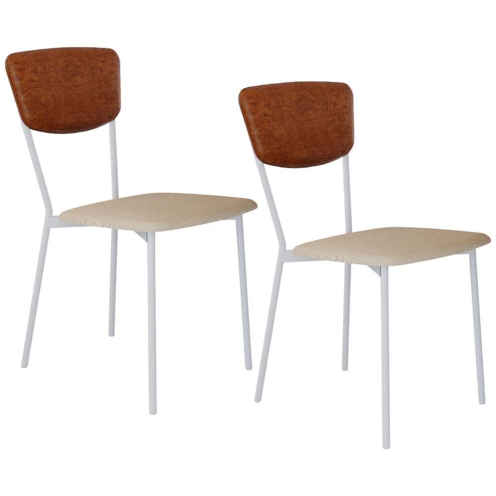 Kit 02 Cadeira Para Sala de Jantar Village Branco C01 Linho Areia Courino Caramelo - Lyam Decor