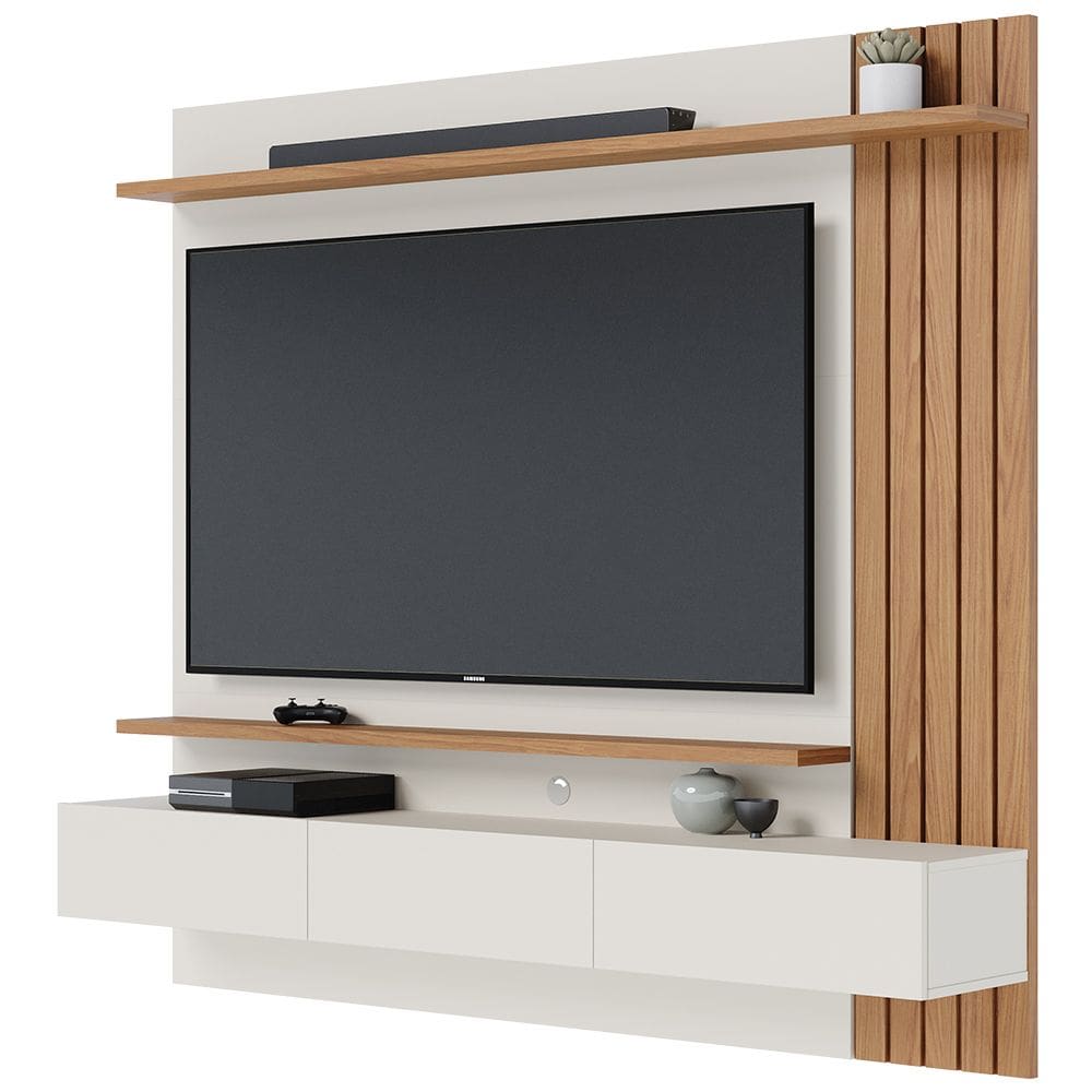 Painel Para TV 70 Pol com Bancada Suspensa 180cm Will C04 Off White Matte Freijó - Lyam Decor
