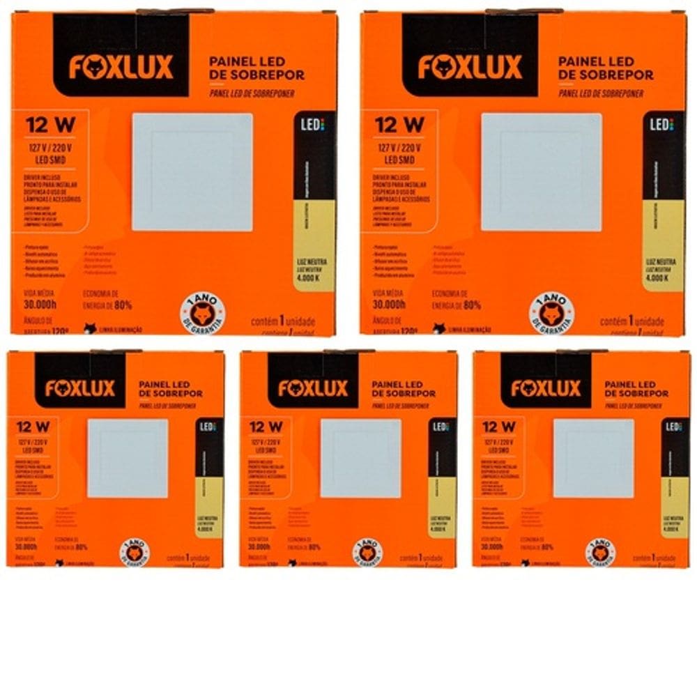 Kit 5 Painel Led Quadrado Sobrepor 12W 4000K Bivolt Foxlux