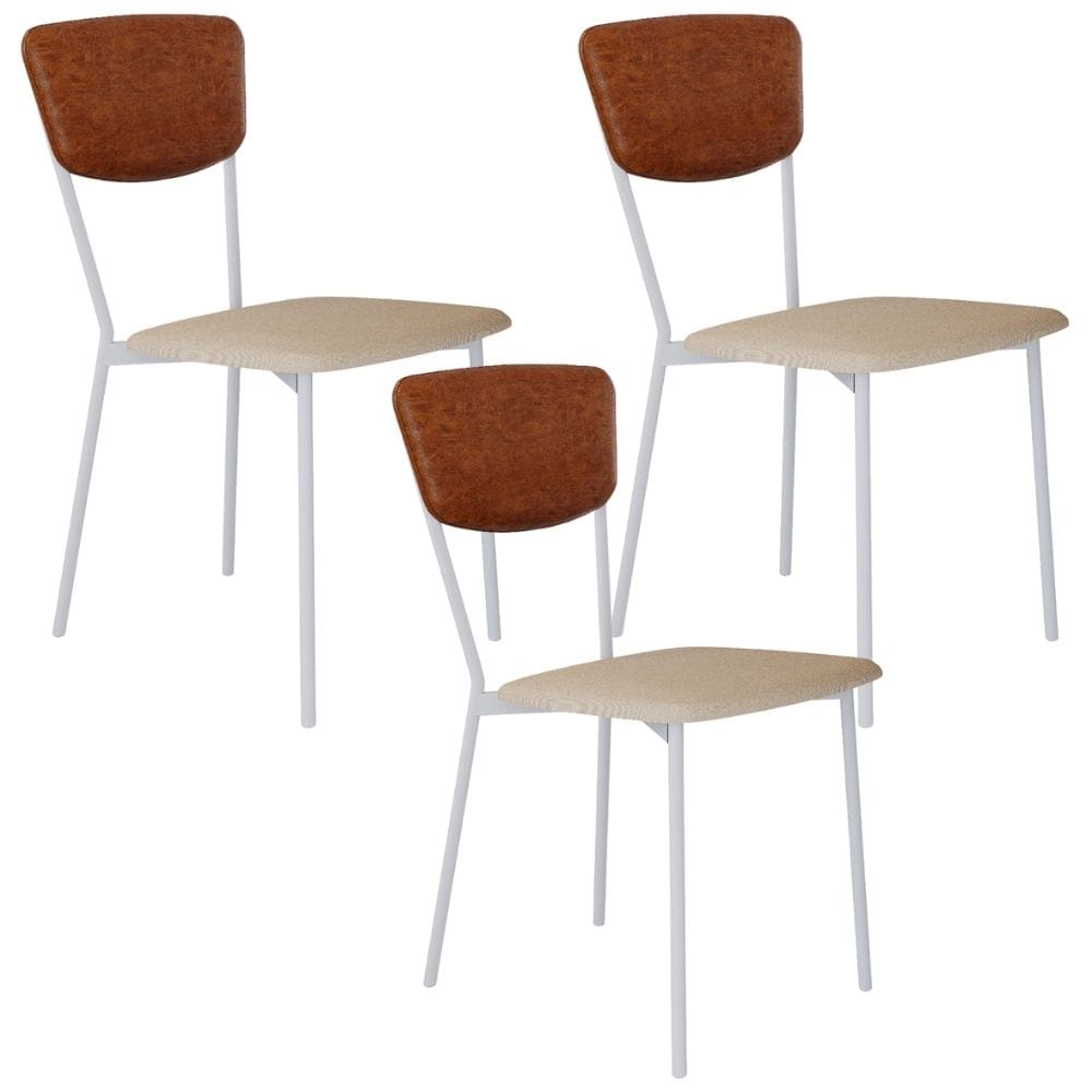 Kit 03 Cadeira Para Sala de Jantar Village Branco C01 Linho Areia Courino Caramelo - Lyam Decor