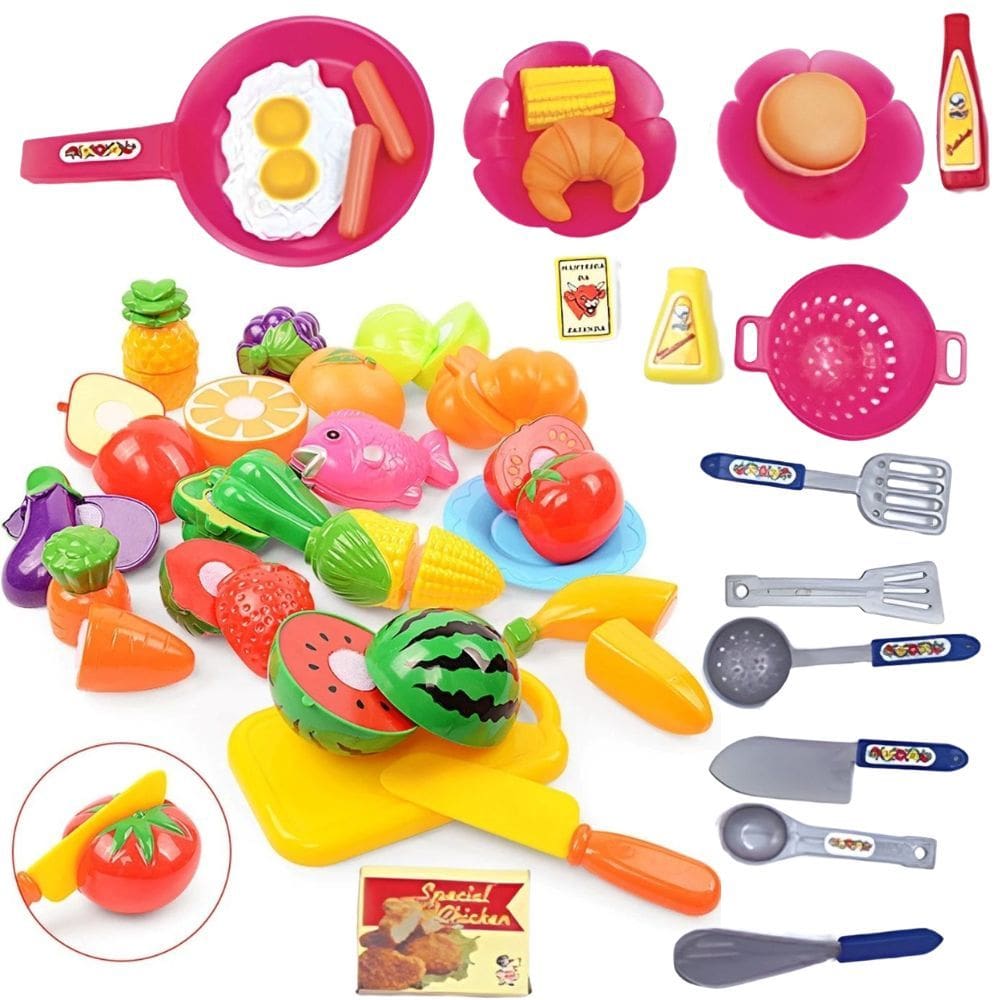 Conjunto Brinquedos Infantis 32 Peças Mini Cozinha + Frutas e Legumes Cortáveis
