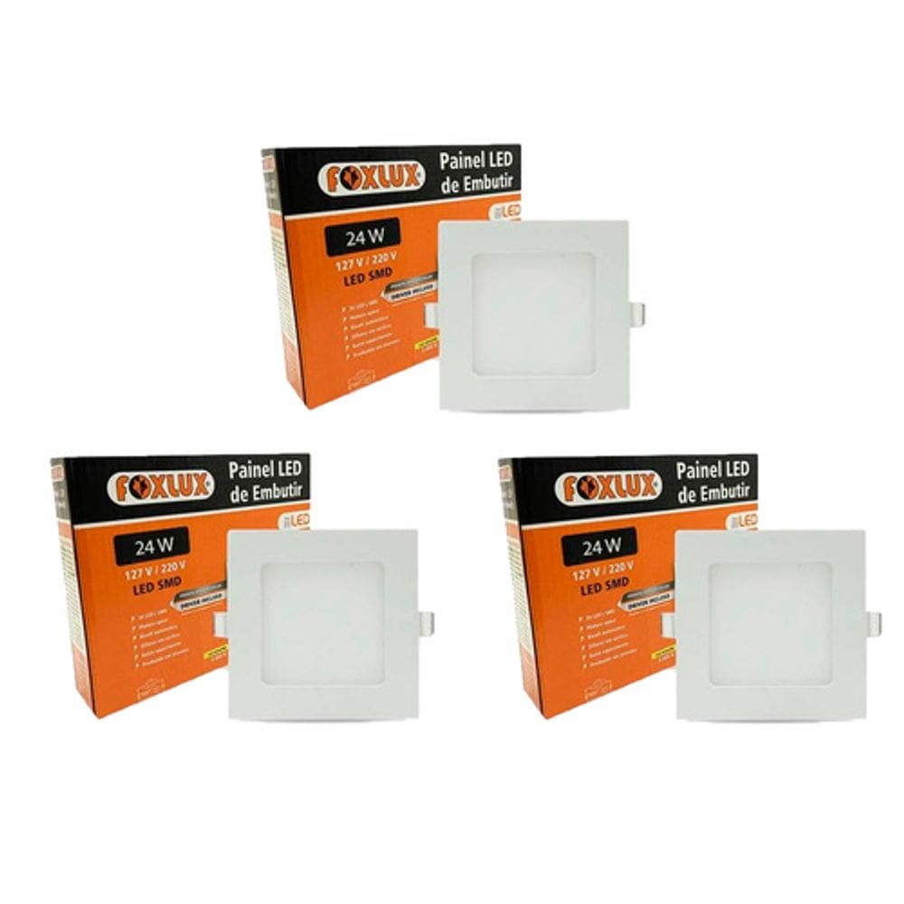 Kit 3 Painel Led Quadrado Embutir 24W 3000K Bivolt Foxlux