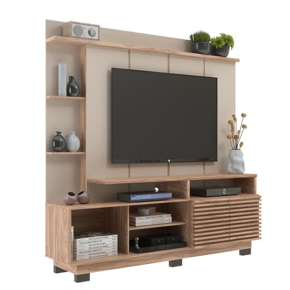 Rack com Painel para TV até 60 Polegadas 2 Portas Ripado HO4200 Carvalho Oak/Cristalo - Decibal