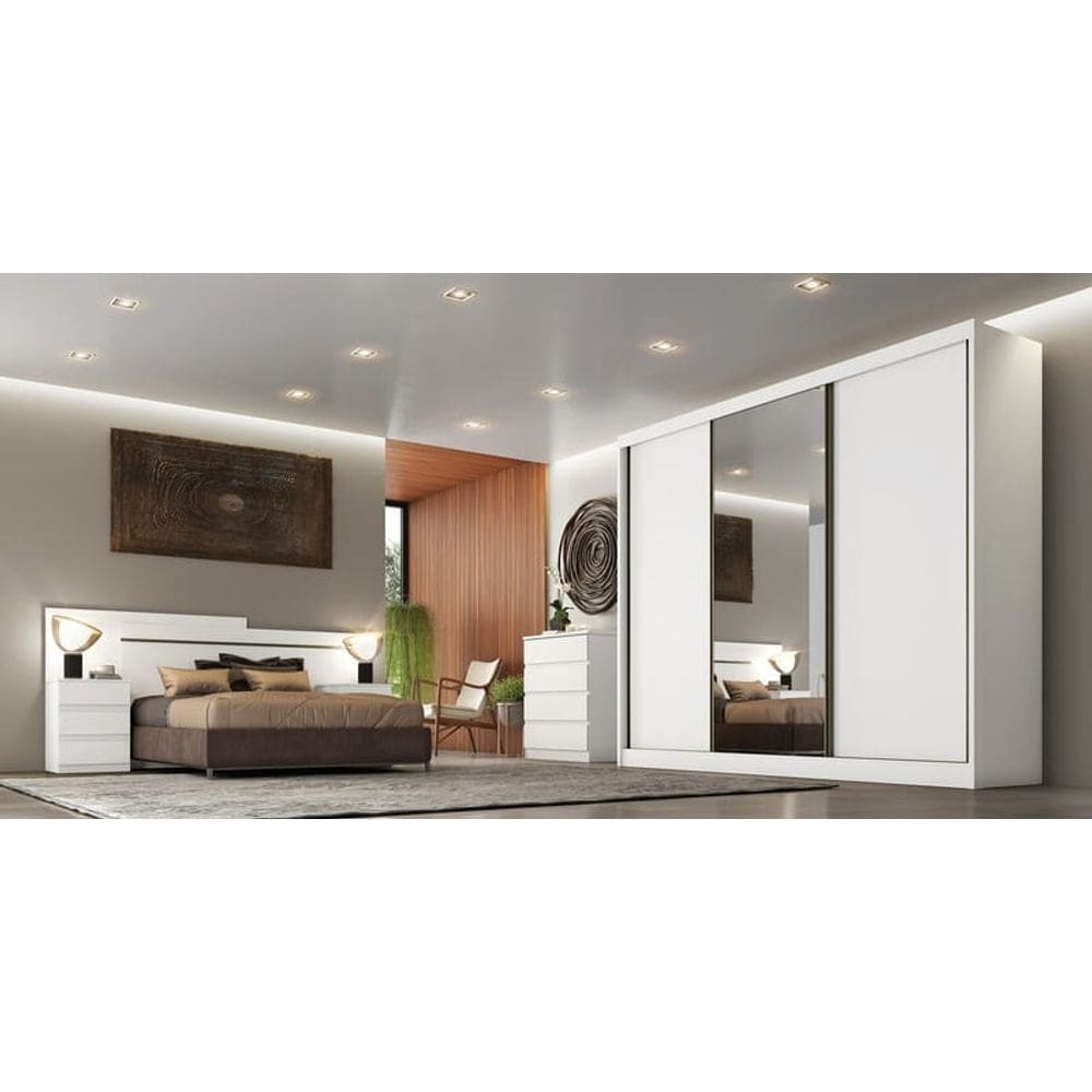 Guarda Roupa Casal com Espelho 3 Portas 8 Gavetas - Sollo-Branco - Móveis Novo Horizonte