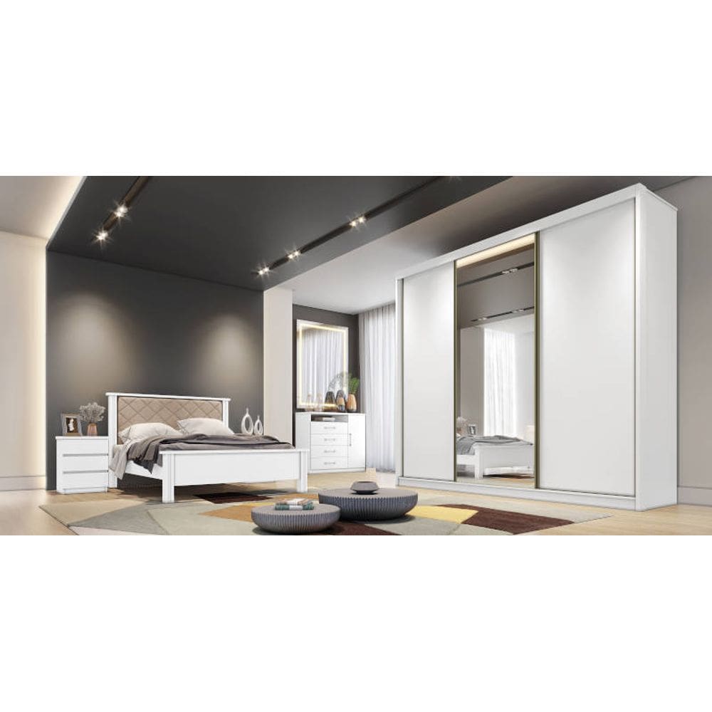 Guarda Roupa Casal com 1 Porta Espelhada 4 Gavetas - Diamond-Branco - Móveis Novo Horizonte