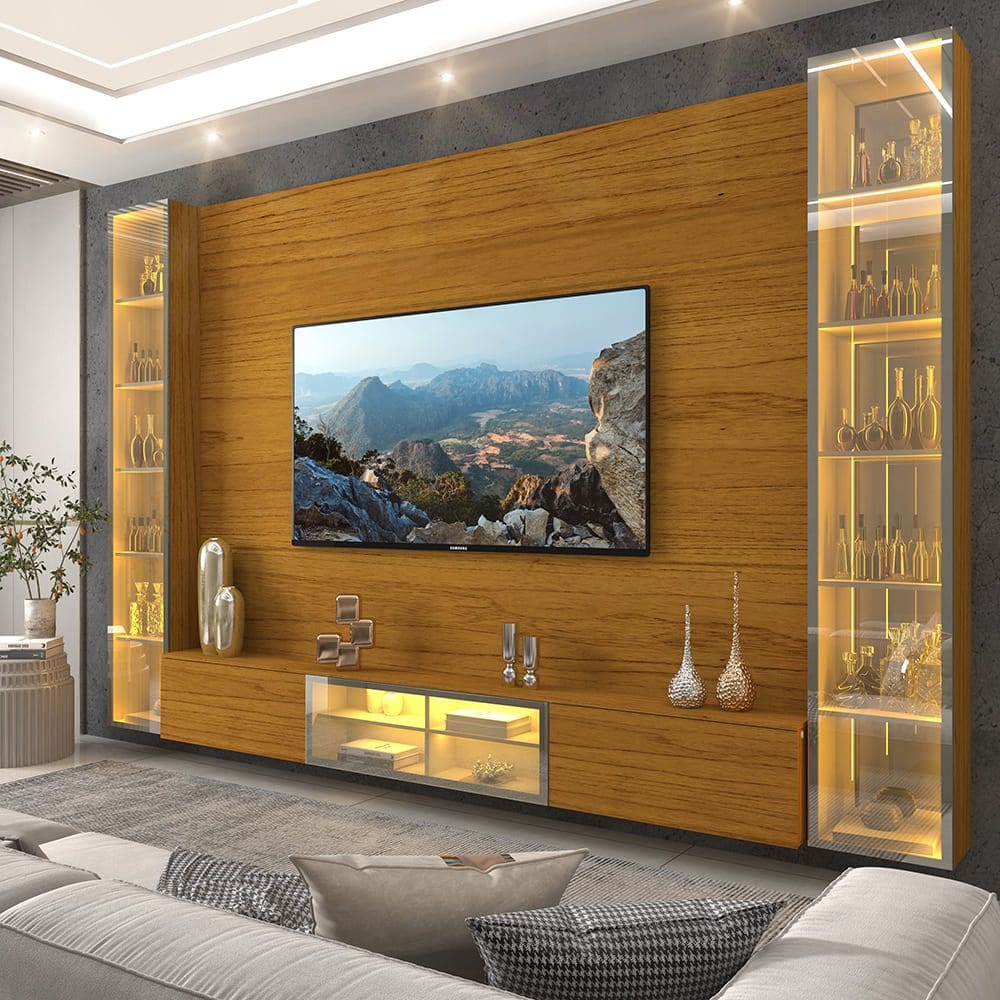 Home para TV Luminare 2 Cristaleiras LED Vidro Reflecta 100% MDF Naturale - Gelius