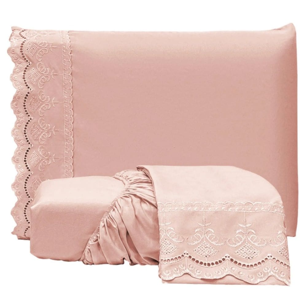 Jogo de Lençol Casal Padrão Bordado Ingles Micropercal 300 Fios Toque de Algodão 3 Peças - Rose