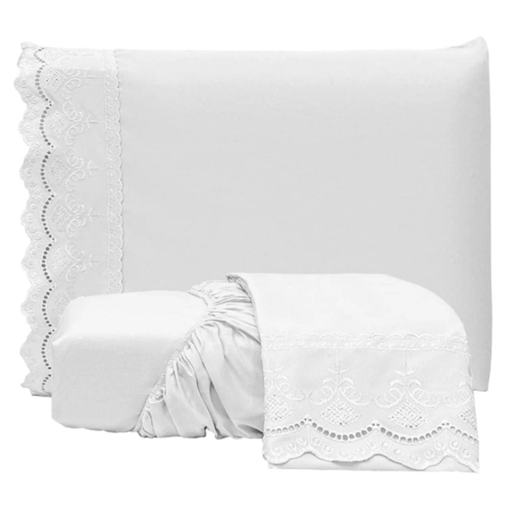 Jogo de Lençol Queen Bordado Ingles Micropercal 300 Fios Toque de Algodão 3 Peças - Branco