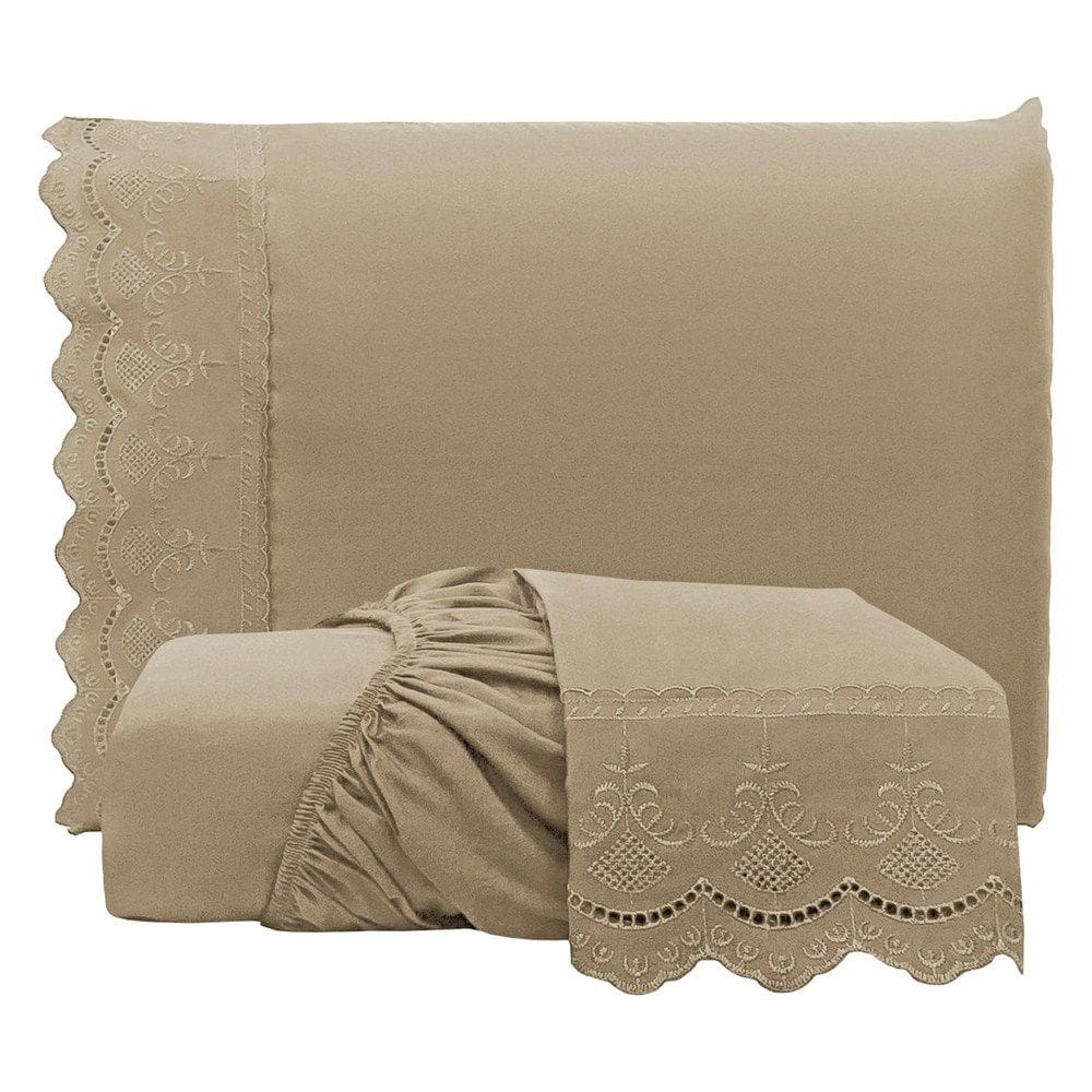 Jogo de Lençol Casal Padrão Bordado Ingles Micropercal 300 Fios Toque de Algodão 3 Peças - Chocolate