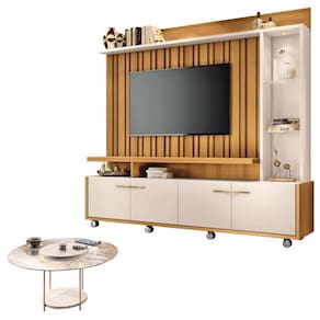 Estante Home Theater Titan Off White Cinamomo e Mesa de Centro sky com Tampo de Vidro Off White - HB Móveis