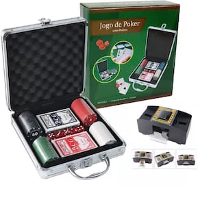 Maleta De Poker Com 100 Fichas 2 Baralhos 5 Dados + Embaralhador de Cartas Automático