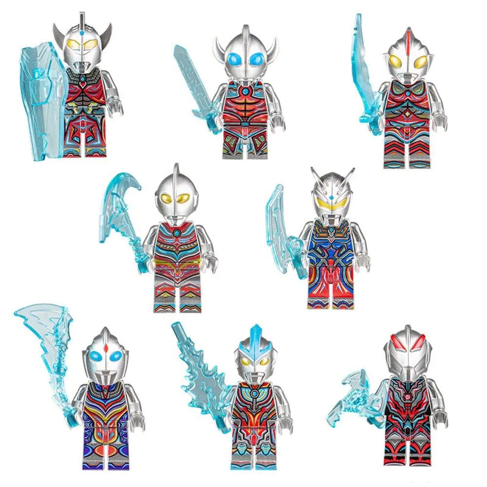 Kit 8 Bonecos Ultraman Prata Bloco De Montar