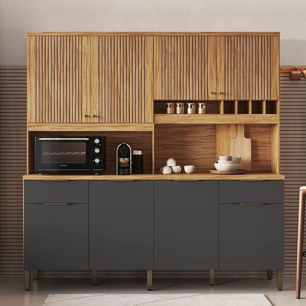 Cozinha Compacta com 8 Portas 2 Gavetas e Mini Adega 200,20cm 100% Mdf Hungria Espresso Móveis Amêndoa/Cinza