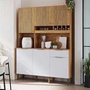 Cozinha Compacta com 6 Portas 1 Gaveta e Mini Adega 151,30cm 100% Mdf Croácia Espresso Móveis Amêndoa/Branco