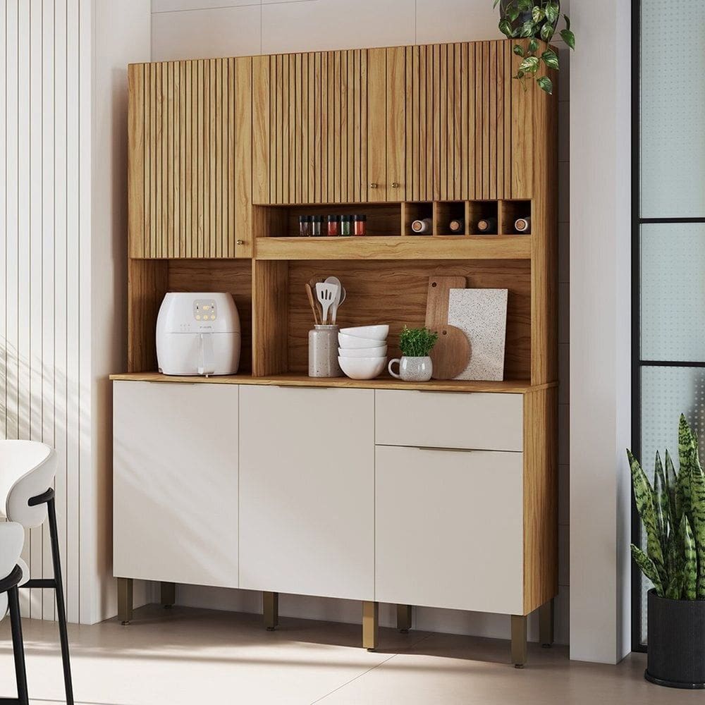Cozinha Compacta com 6 Portas 1 Gaveta e Mini Adega 151,30 Cm 100% Mdf Croácia Espresso Móveis Amêndoa/Off White