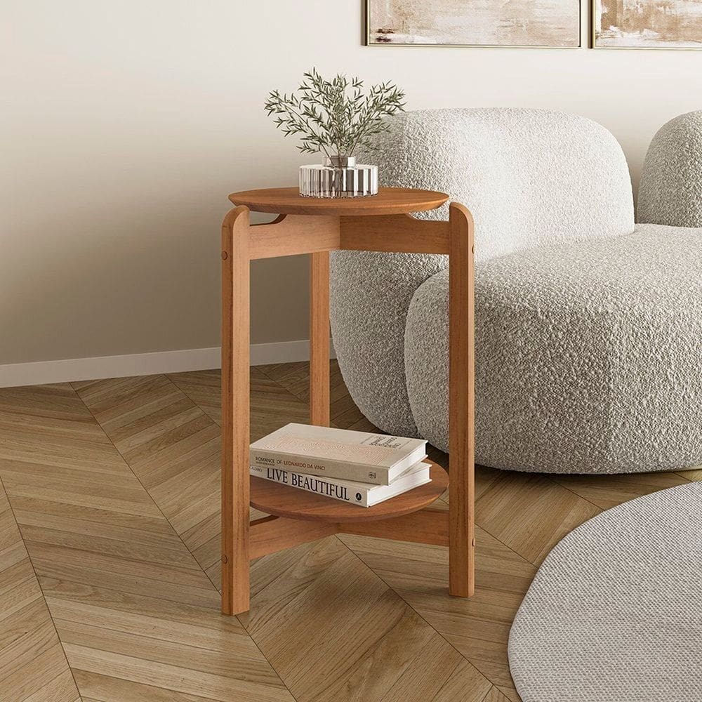 Mesa Lateral Mdf com Pés de Madeira Maciça Lizz Cedro