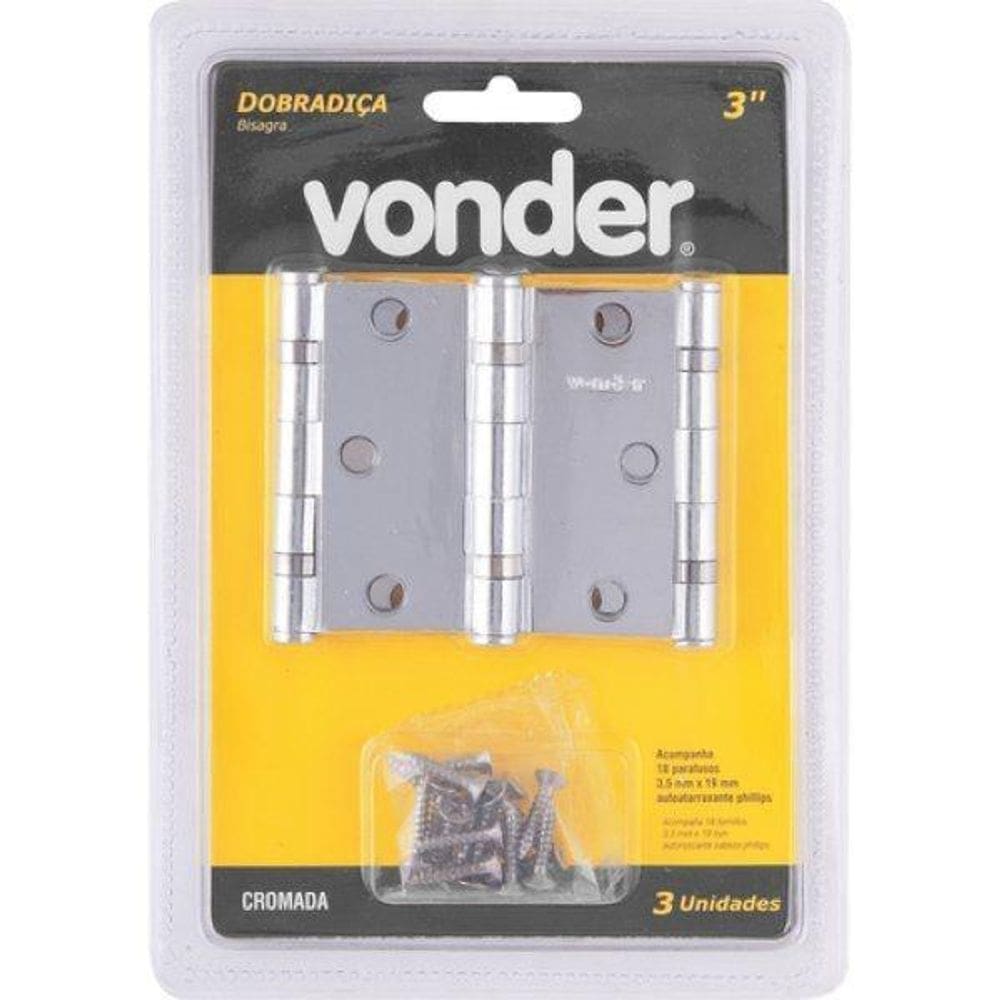 Dobradiça  3 Cromada Com 3 Peças - Vonder