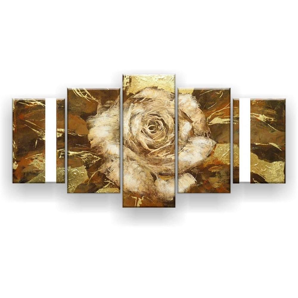 Quadro Decorativo Mosaico 5 Peças Pintura Grande Rosa Branca