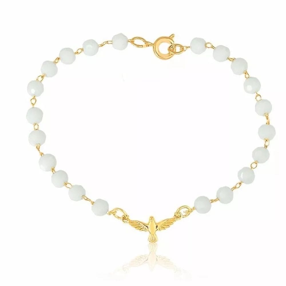 Pulseira Cristal com Espírito Santo Folheado a Ouro 18k
