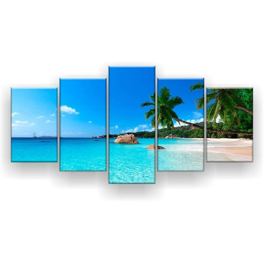 Quadro Decorativo Mosaico 5 Peças Praia Azul Coqueiros
