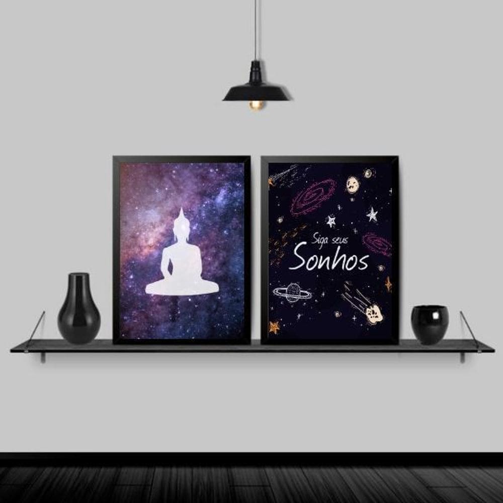 Kit 2 Quadros Buda Siga Seus Sonhos 45X34Cm Moldura Preta