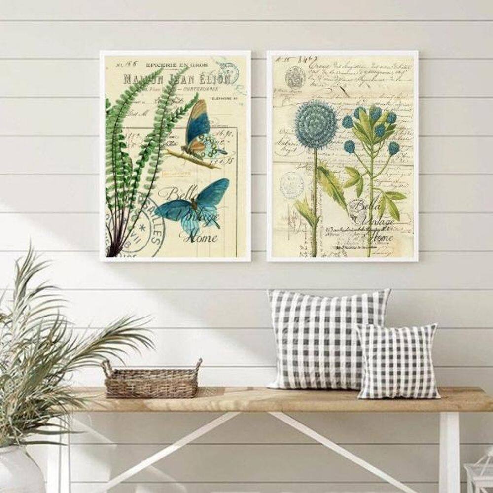 Kit 2 Quadros Botânica Vintage Flores Azuis 33x24cm