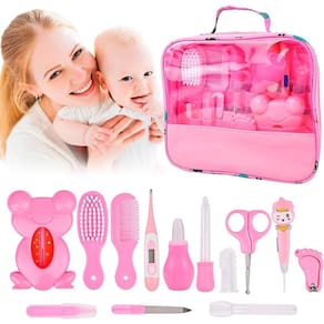 Kit Higiene Rosa Bebê Tesoura Escova Aspirador Nasal Bolsa