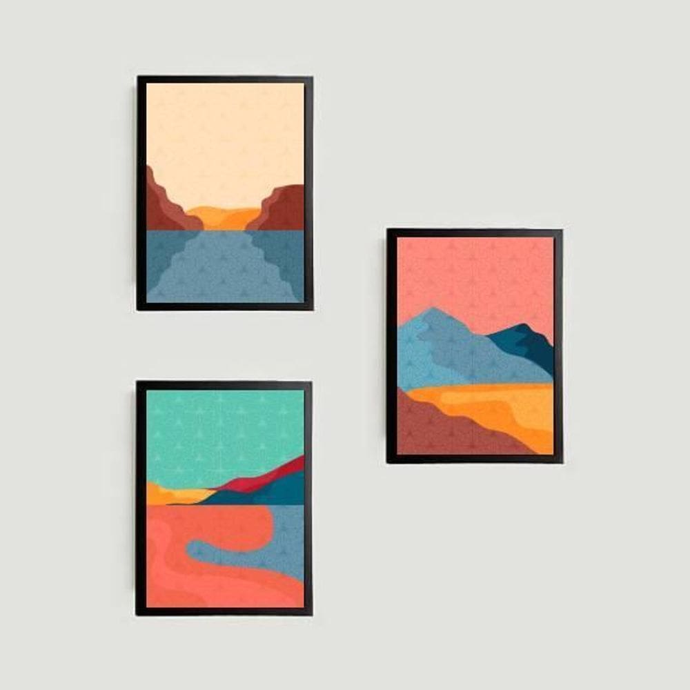 Kit 3 Quadros Abstratos Montain Colors 45X34 Com Vidro Preta
